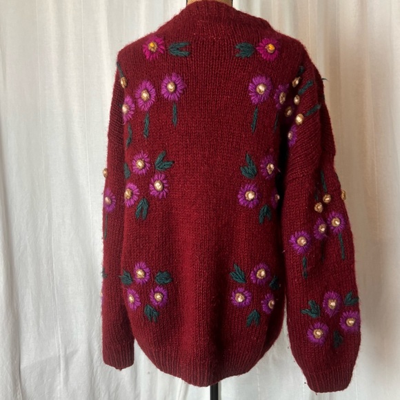 Vintage Ethnik Creations Chunky Knit Cardigan Red Fuchsia Green Floral Sz L - Picture 2 of 6